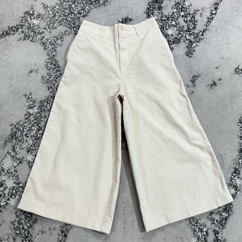 Uniqlo Cropped Pants Womens Size S Ivory Corduroy High Rise Wide Leg Cotton